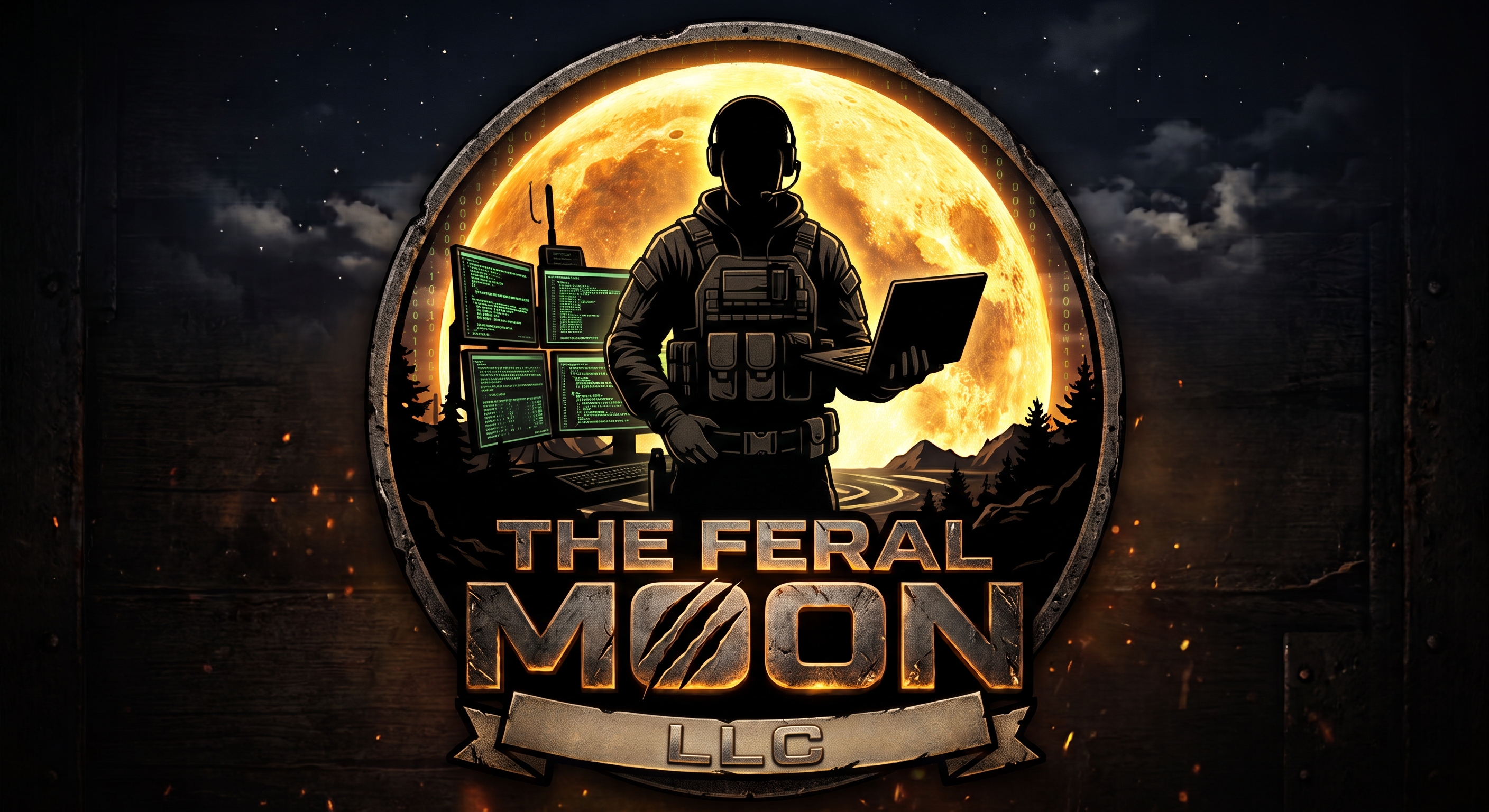 The Feral Moon LLC emblem: a silhouetted software operator against a vivid amber full moon, terminal screens, a dark forest, sparks, and The Feral Moon LLC wordmark.